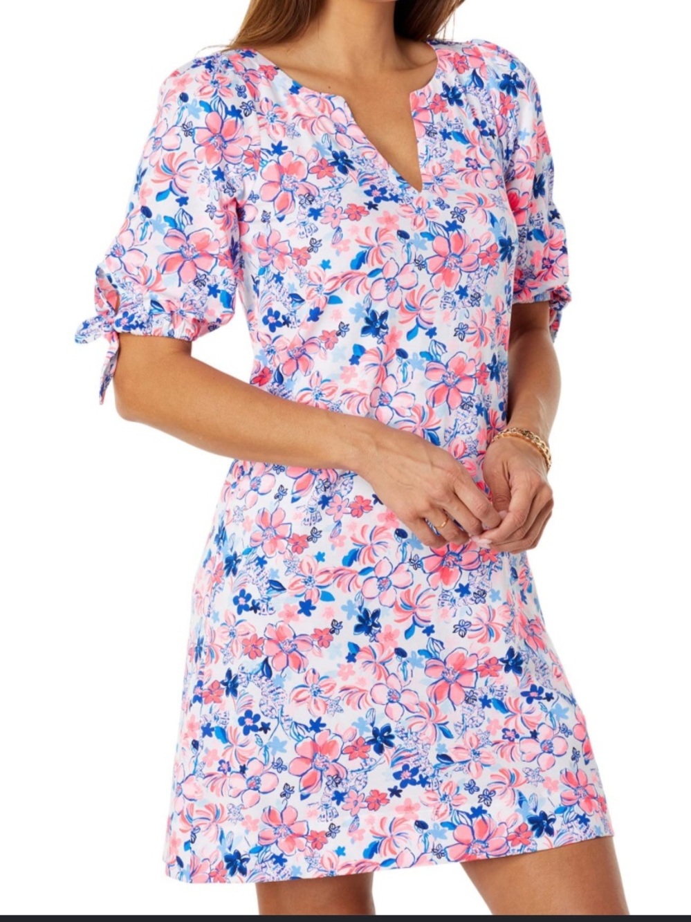 Lilly Pulitzer Dress Womens XS Floral Shift Split Neck Half Sleeve Cotton Resort